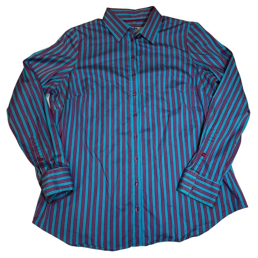 Hawes & Curtis Semi Fitted Striped Button Down Shirt Teal Pink Women's UK 16